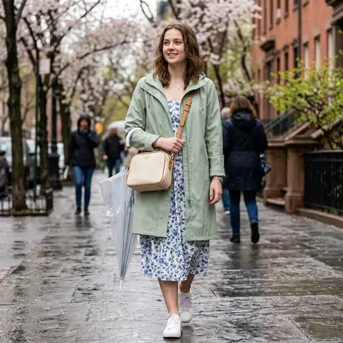 Spring Fashion: Girl in Raincoat with Stylish Bag