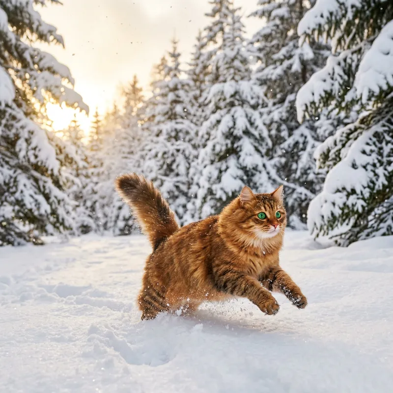 Beautiful Cat Playing in Snowy Forest
