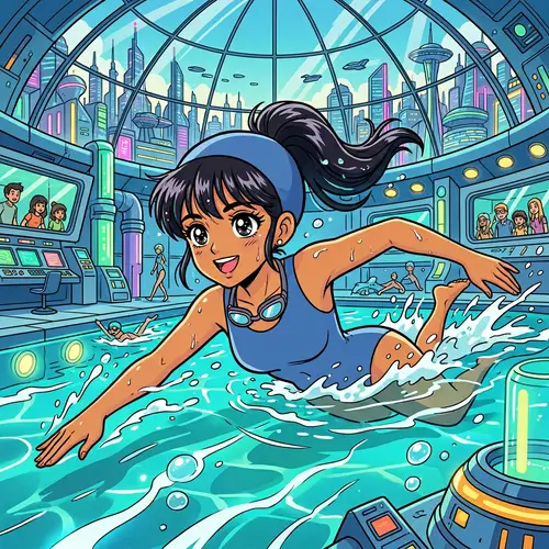 1960s Anime Sci-Fi Extroverted Female with Detailed Eyes Swimming