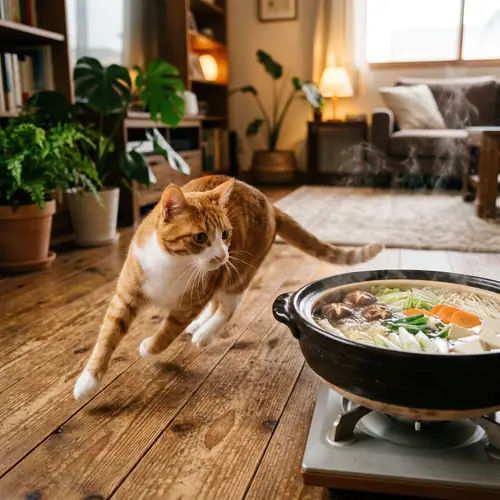Nimble Orange and White Cat Avoiding Hot Pot