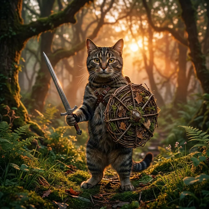 Adventure Cat - Courageous Feline with Wooden Sword & Shield