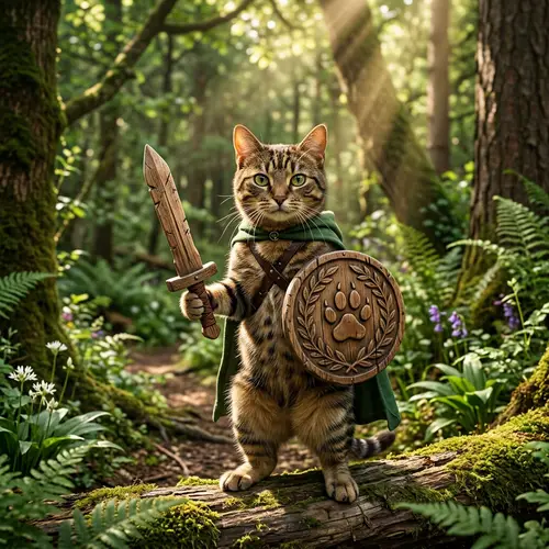 Brave Adventure Cat with Wooden Sword and Shield | Green Forest Scene