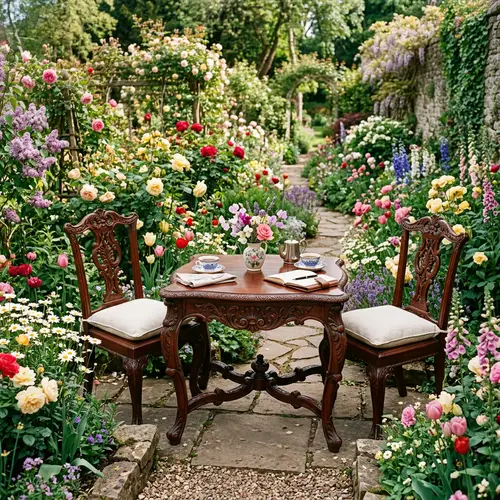 Tranquil Garden Oasis: Enchanting Flowers & Mahogany Table