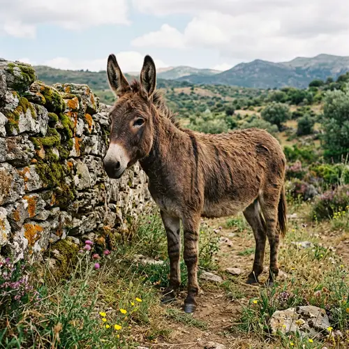 Brown Striped Donkey by Stone Wall - Serene Wilderness Scene