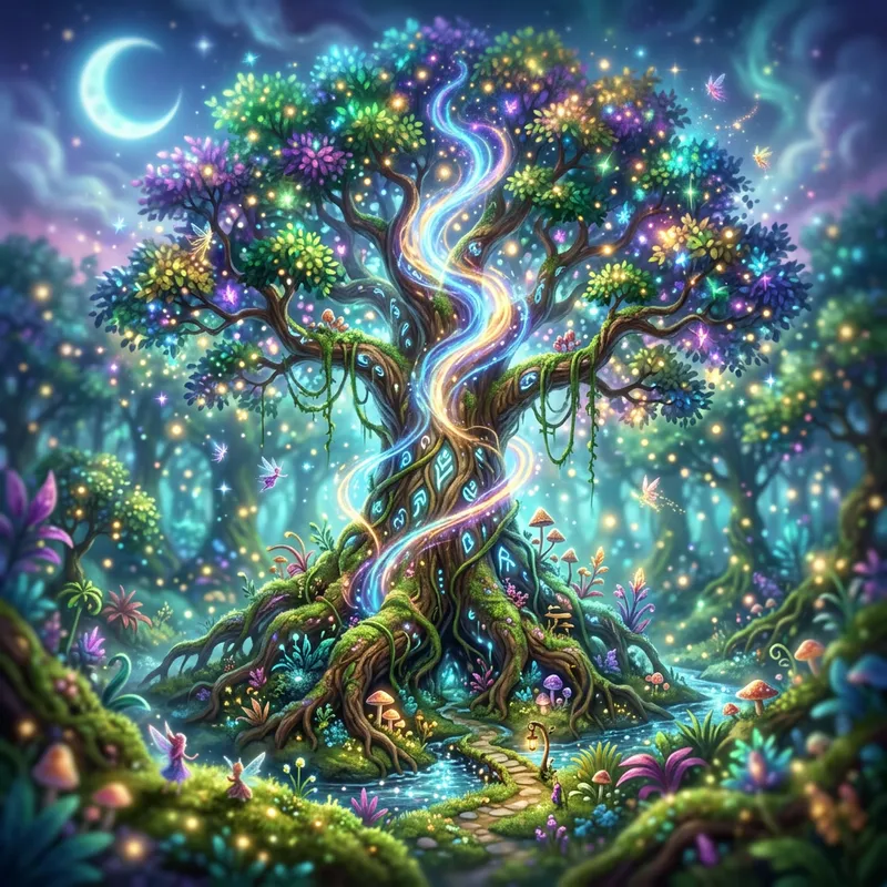 Enchanted Forest with Ancient Tree: Vibrant Fantasy Art
