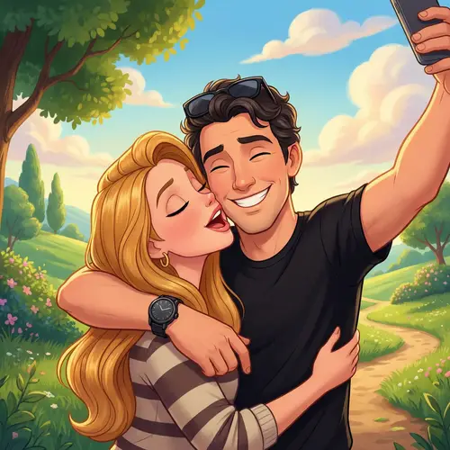 Cheerful Disney-Inspired Couple Selfie Illustration
