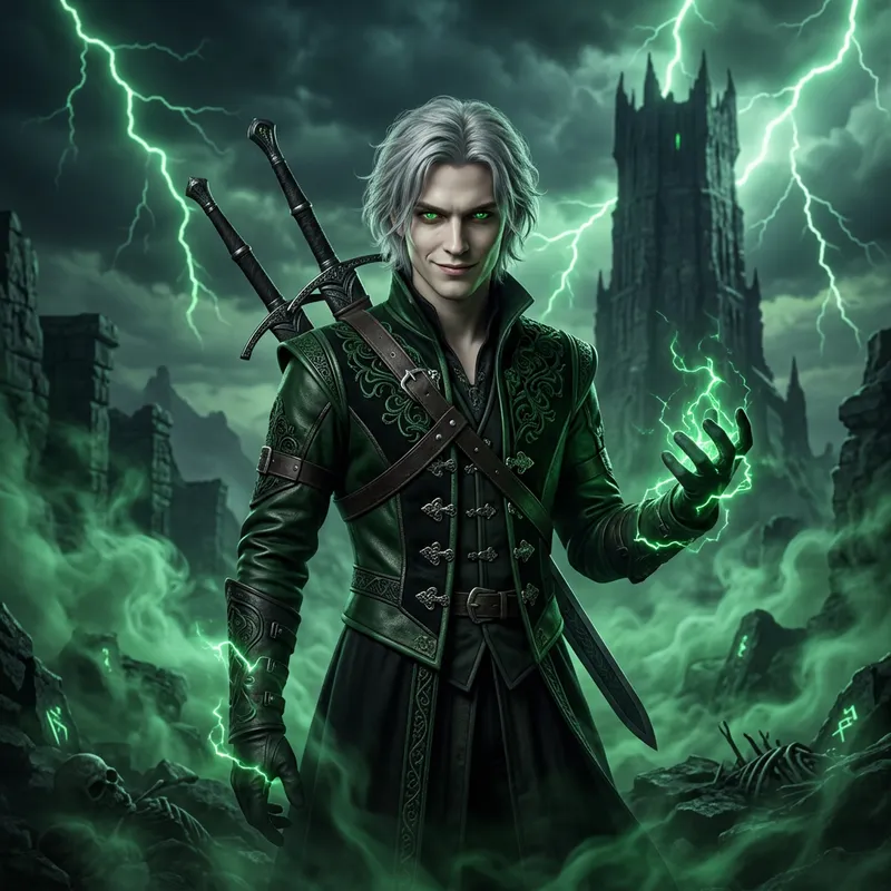 Young Male Necromancer with Green Eyes & Two Swords in Green Mist