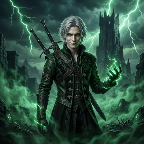 Young Male Necromancer Portrait with Silver Hair & Green Eyes