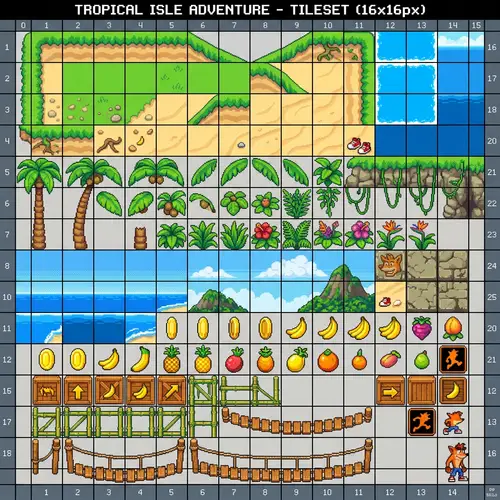 Pixel Art Tileset for Fast-Paced Platformer Game with Tropical Island Theme