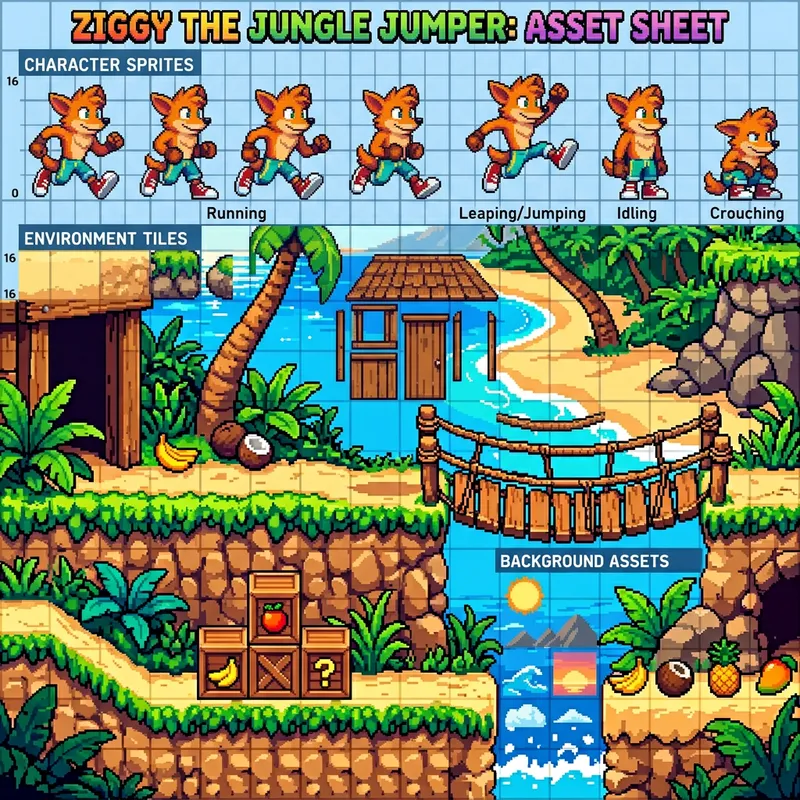 Pixel Art Tileset: Quirky Creature & Tropical Island Vibes Pixel Art Tileset: Quirky Creature & Tropical Island Vibes