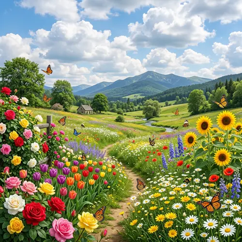 Vibrant Flowers in Bloom: A Serene Landscape View