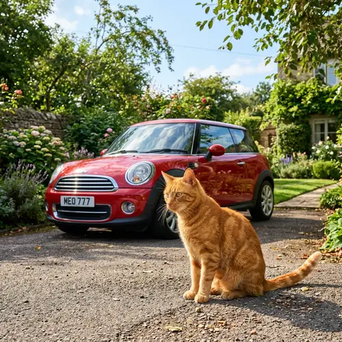 Vibrant Orange Cat and Glossy Red Car Scene