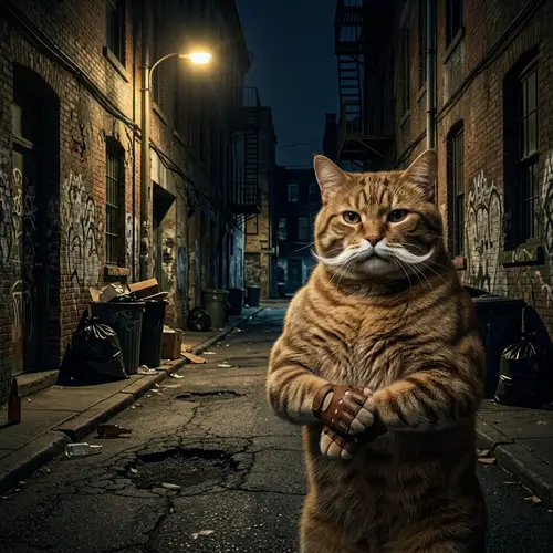 Muscular Mustache Cat on Ominous Street - Powerful Feline Stance