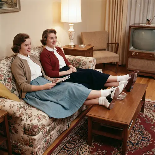 1950s Vintage Scene with Two Young Women on Patterned Couch