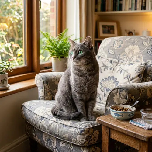 Graceful Domestic Cat with Emerald Green Eyes | Homely Setting