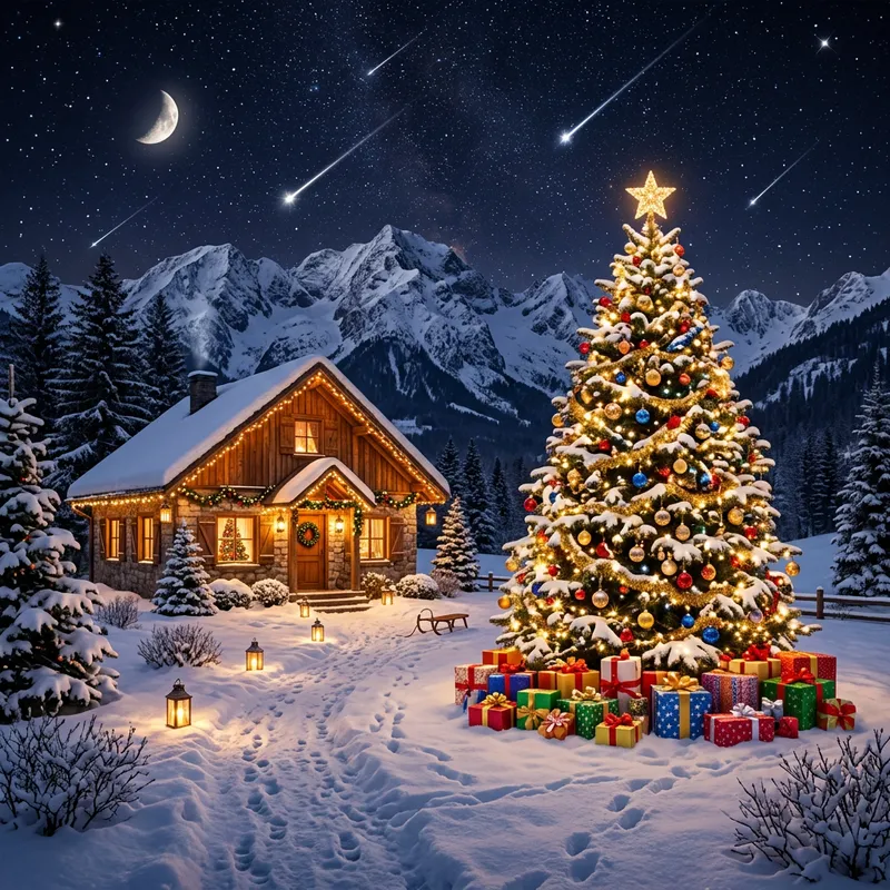 Starry Christmas Night with Snowy Mountains and Cozy Cabin Starry Christmas Night with Snowy Mountains and Cozy Cabin