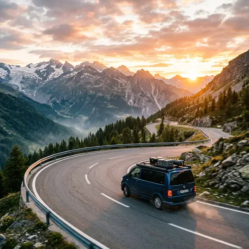 Van Driving on Mountainous Road at Sunrise