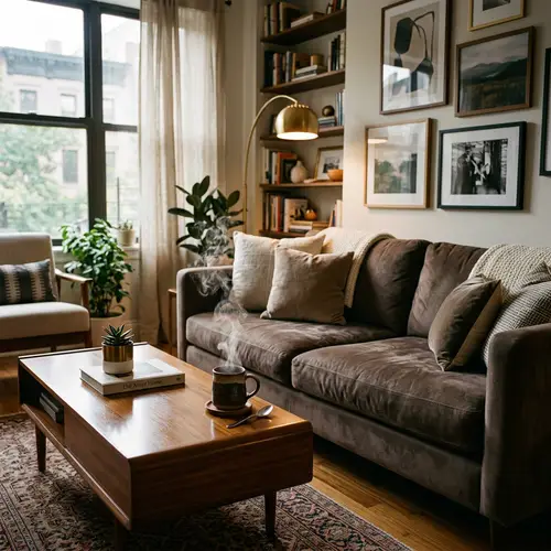 Elegant Modern-Classical Apartment Interior with Plush Sofa and Coffee