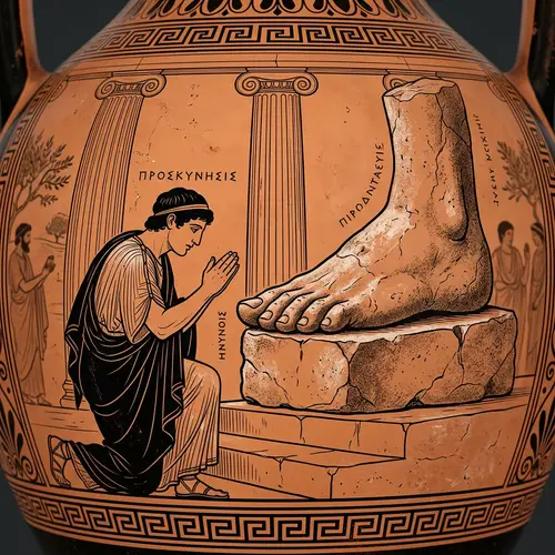 Greek-Style Artwork: Man Worshipping Giant Foot
