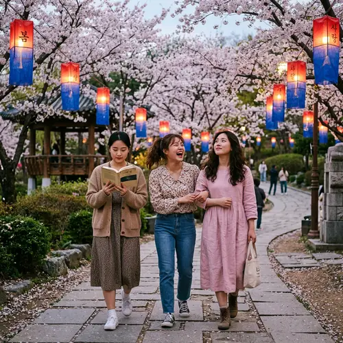 Korean Friends Enjoying a Day Out in Lush Park