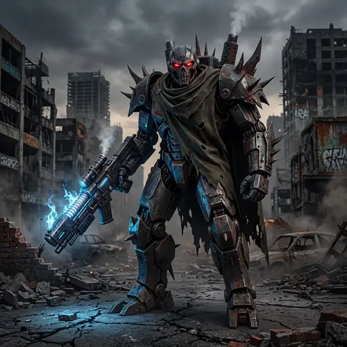 Horrific Robotic Warrior in Post-Apocalyptic Scene