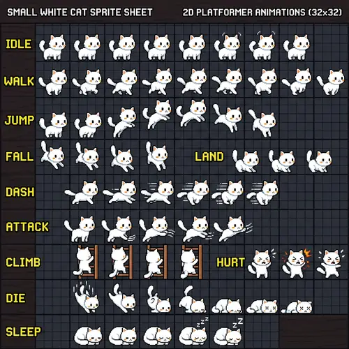 Cute 2D Pixel Cat Sprite Sheet for Games