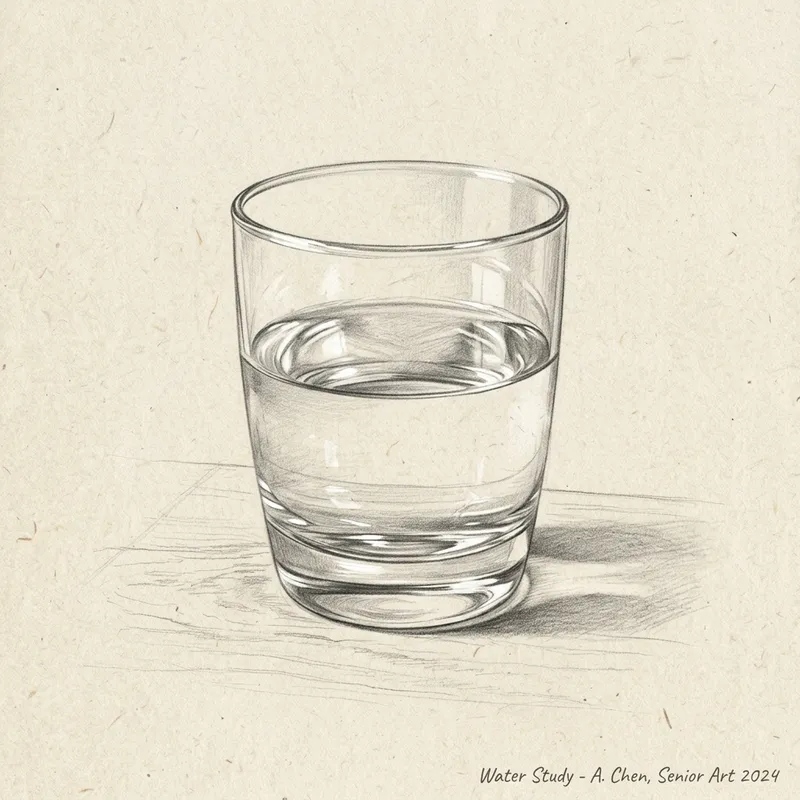 Delicate Hyperrealism: Water Glass Pencil Sketch