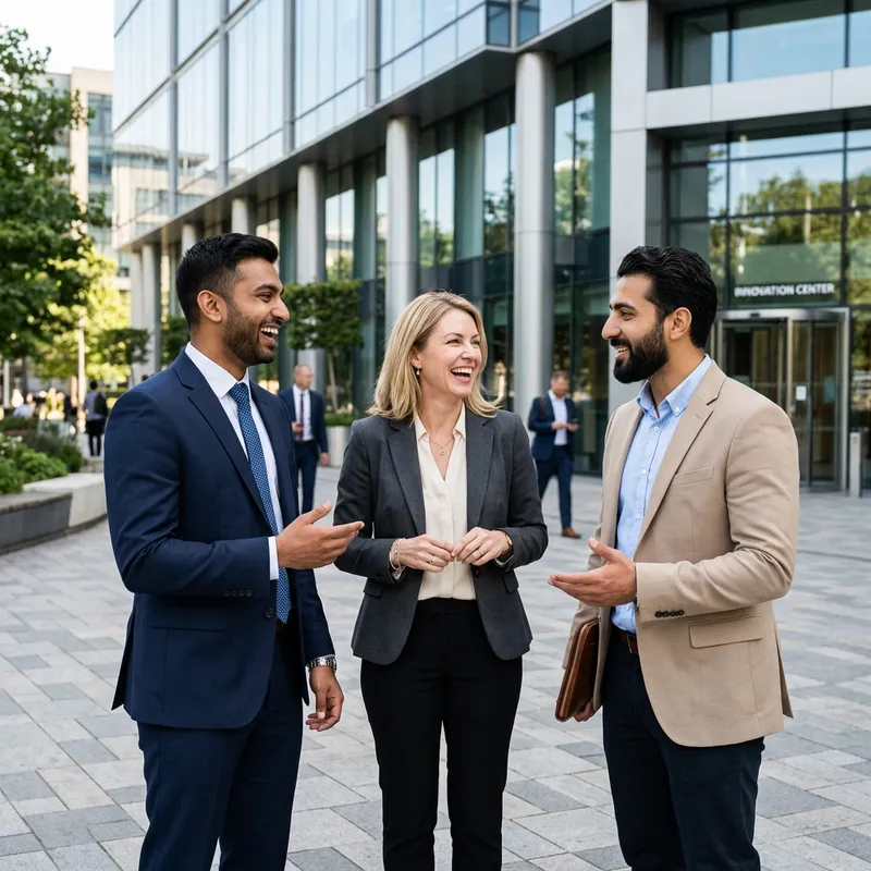 Professional Discussion Outside Modern Office Building