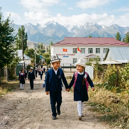 Kyrgyz Boy and Girl Walking to School | Traditional Ak Kalpak Hats