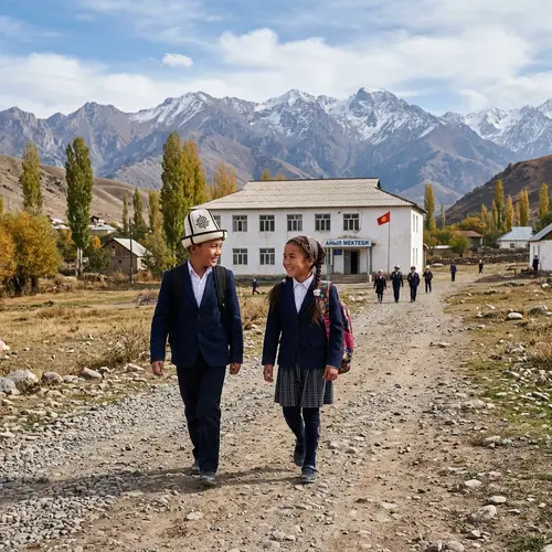 Kyrgyz Boy and Girl Walking to School - School Building Background