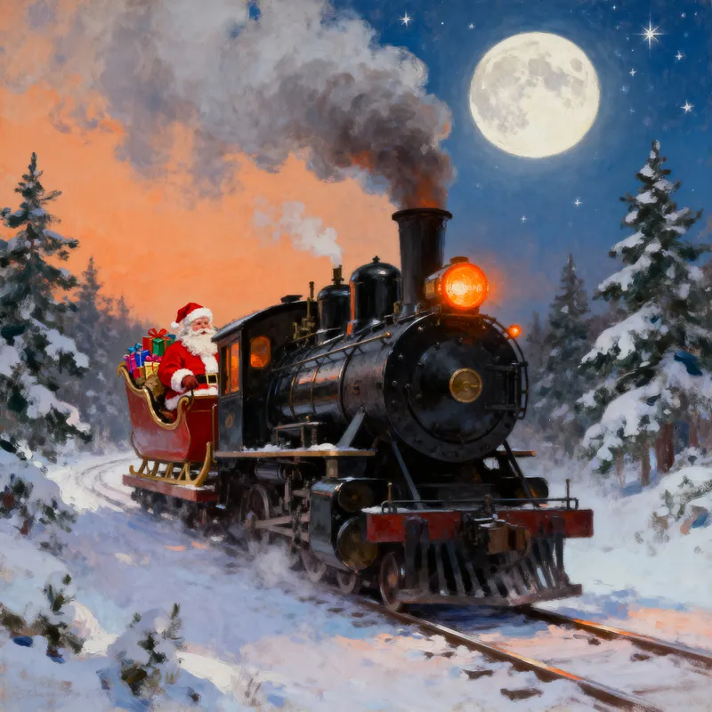 Vintage Steam Locomotive & Santa's Sleigh Art