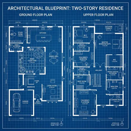 Modern Two-Story House Design with Garage, Open Kitchen, Gym, and Kids Rooms