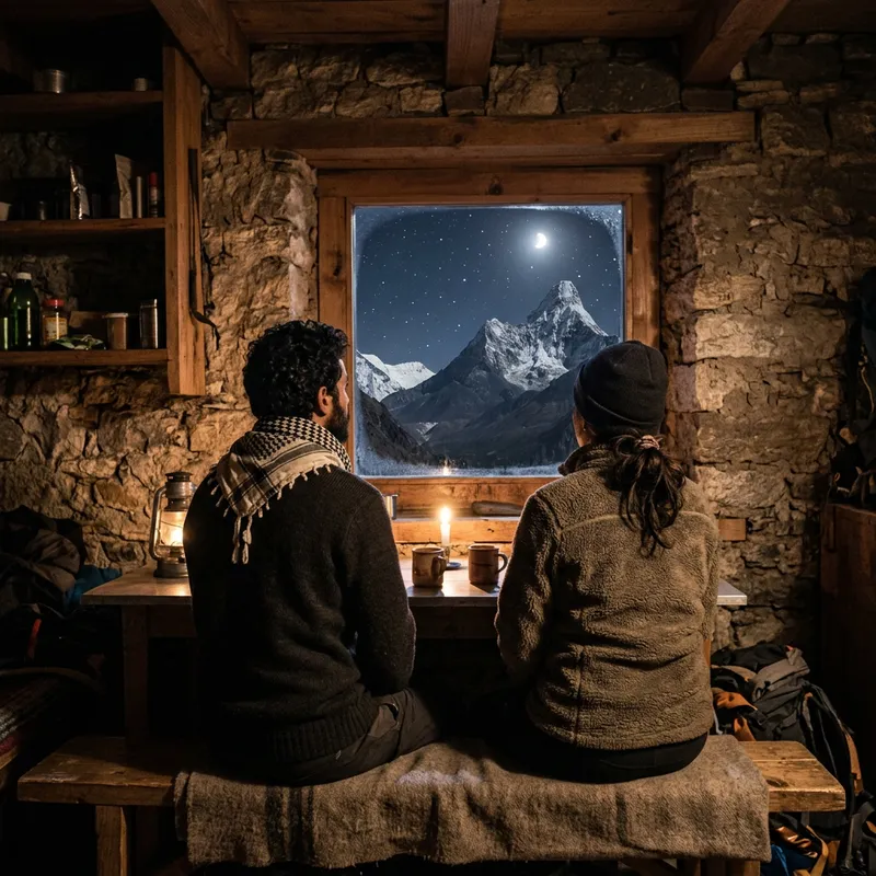 Night Scene: Two Men in Mountain Hut, Himalayan View