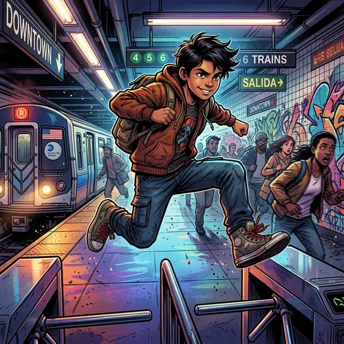 Adventurous Hispanic Boy in a Subway Scene