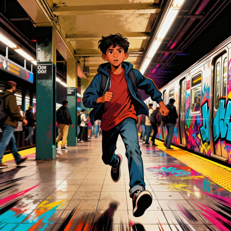 Adventurous Hispanic Boy in a Subway Scene