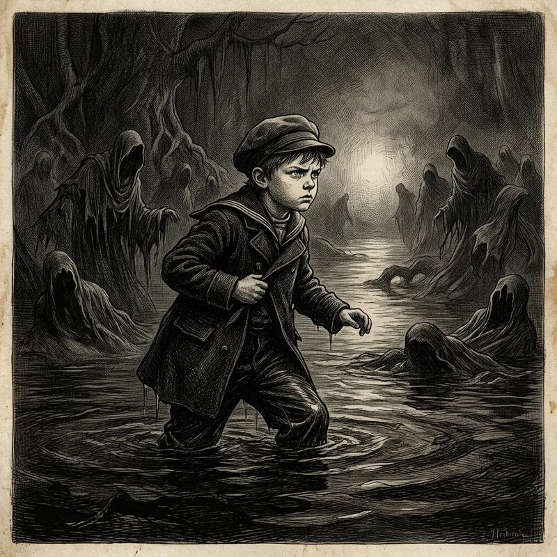 Foreboding Scene of a Young Child in Dark Water | Anime Illustration