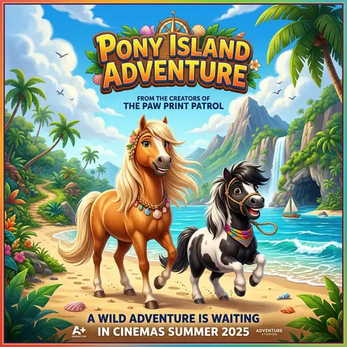 Animated Pixar Movie Poster: Deserted Island with 2 Ponies