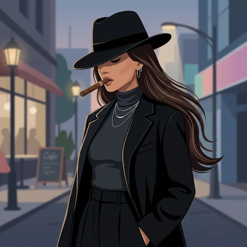 Stylish Vector Portrait of a Mysterious Girl with Black Hat and Cigar