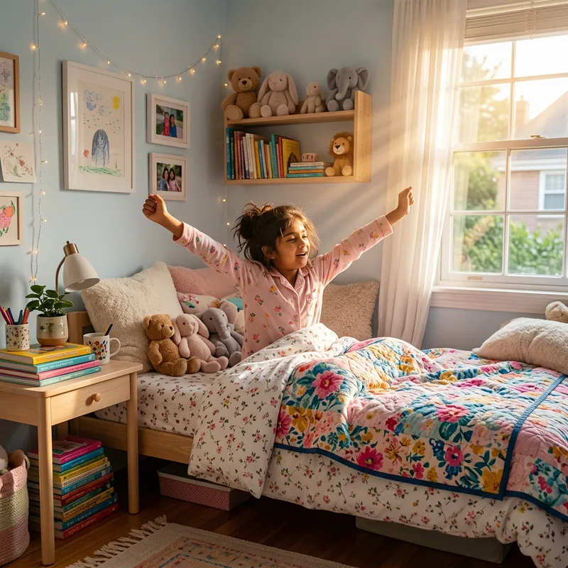 Adorable South Asian Girl Waking Up in Cozy Room