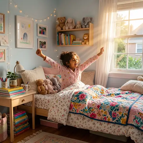Adorable South Asian Girl Waking Up in Cozy Room