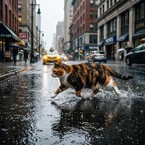 Unique Colorful Cat Sprinting Through Flooded City Street