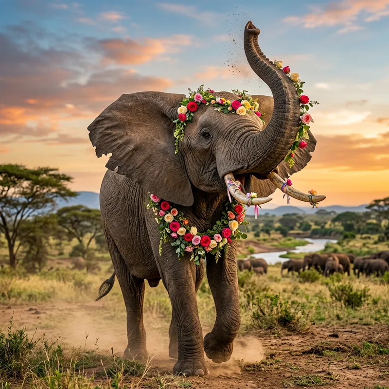 Elephant with Opened Ears and Trunk Holding Roses