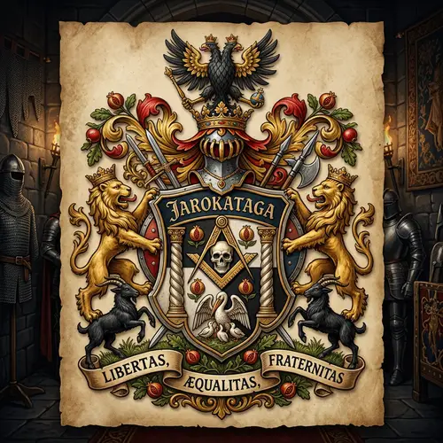 Medieval Family Crest Design with Lions and Symbols