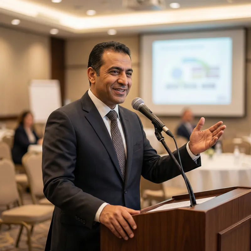Confident Middle-Eastern Man Speaking at Conference Podium