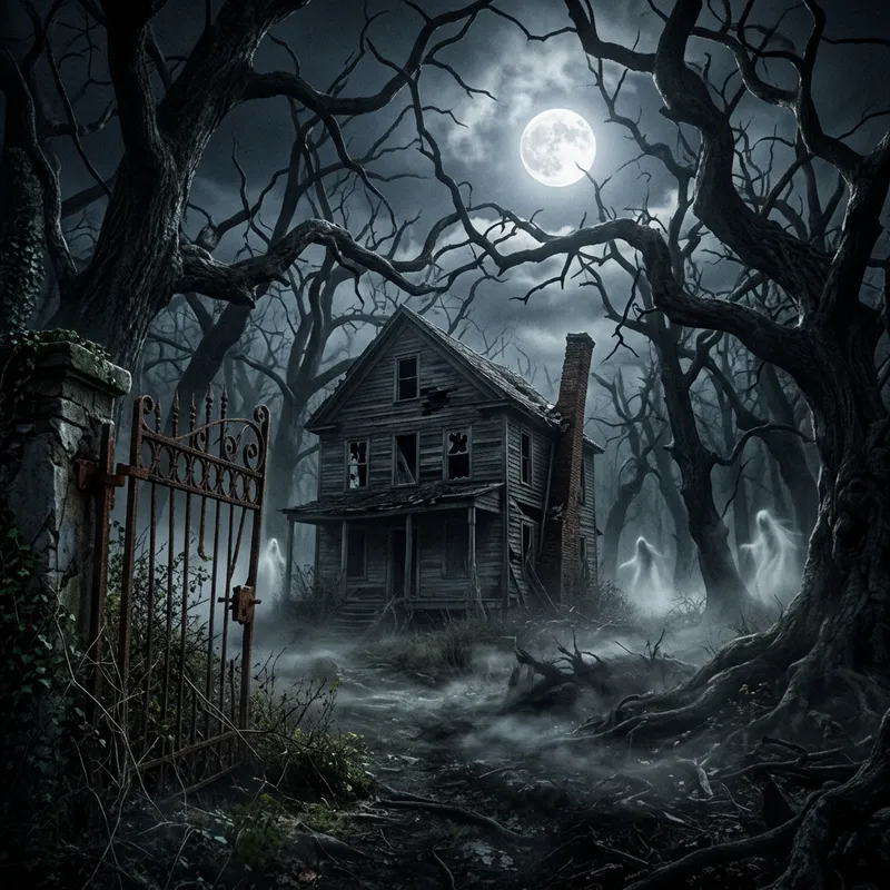 Eerie Forest at Full Moon: Abandoned House & Iron Gate