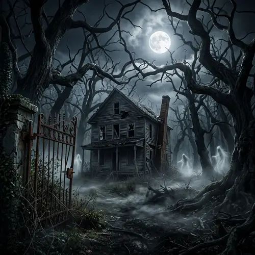 Twisted Forest Under Full Moon: Abandoned House & Wrought Iron Gate