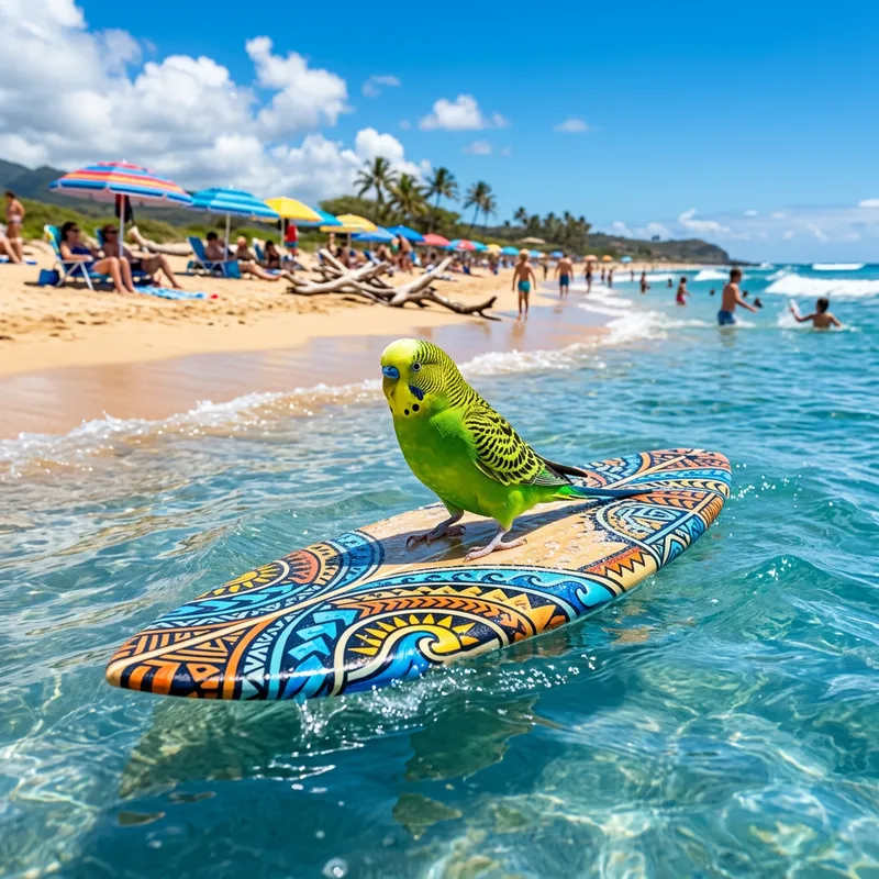 Periquito en Tabla de Surf: Summer Beach Fun Periquito en Tabla de Surf: Summer Beach Fun