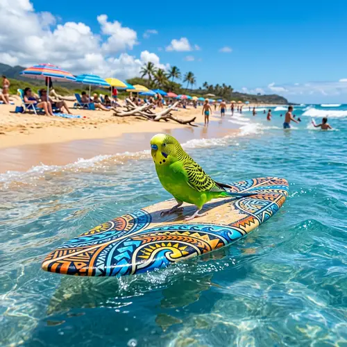 Periquito en Tabla de Surf: Summer Beach Fun