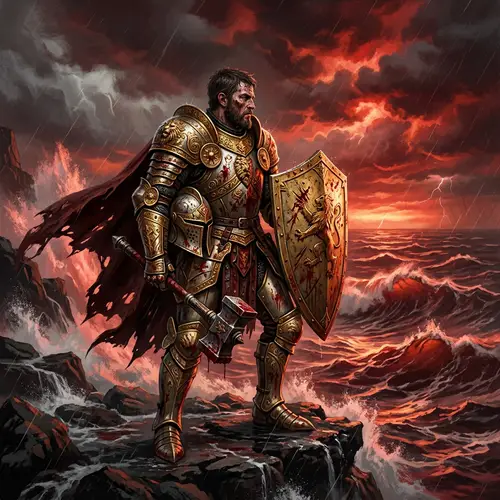 Golden Armor Knight Confronts Red Stormy Sea