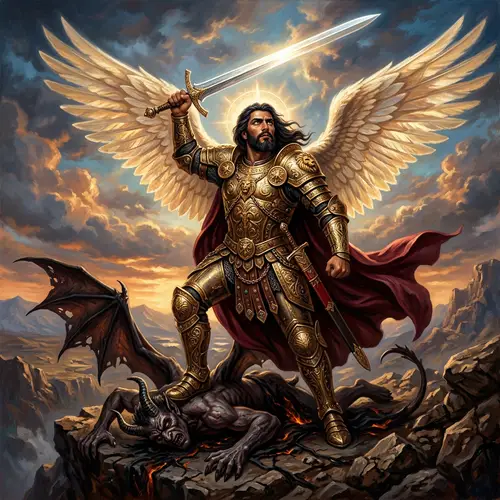 Archangel Michael in Gold Armor with Defeated Demon